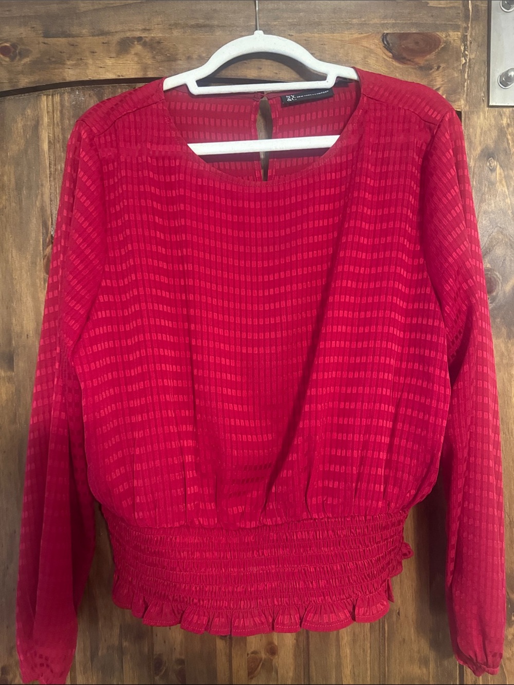 New York & Company Red Long-Sleeve Smocked-Hem top